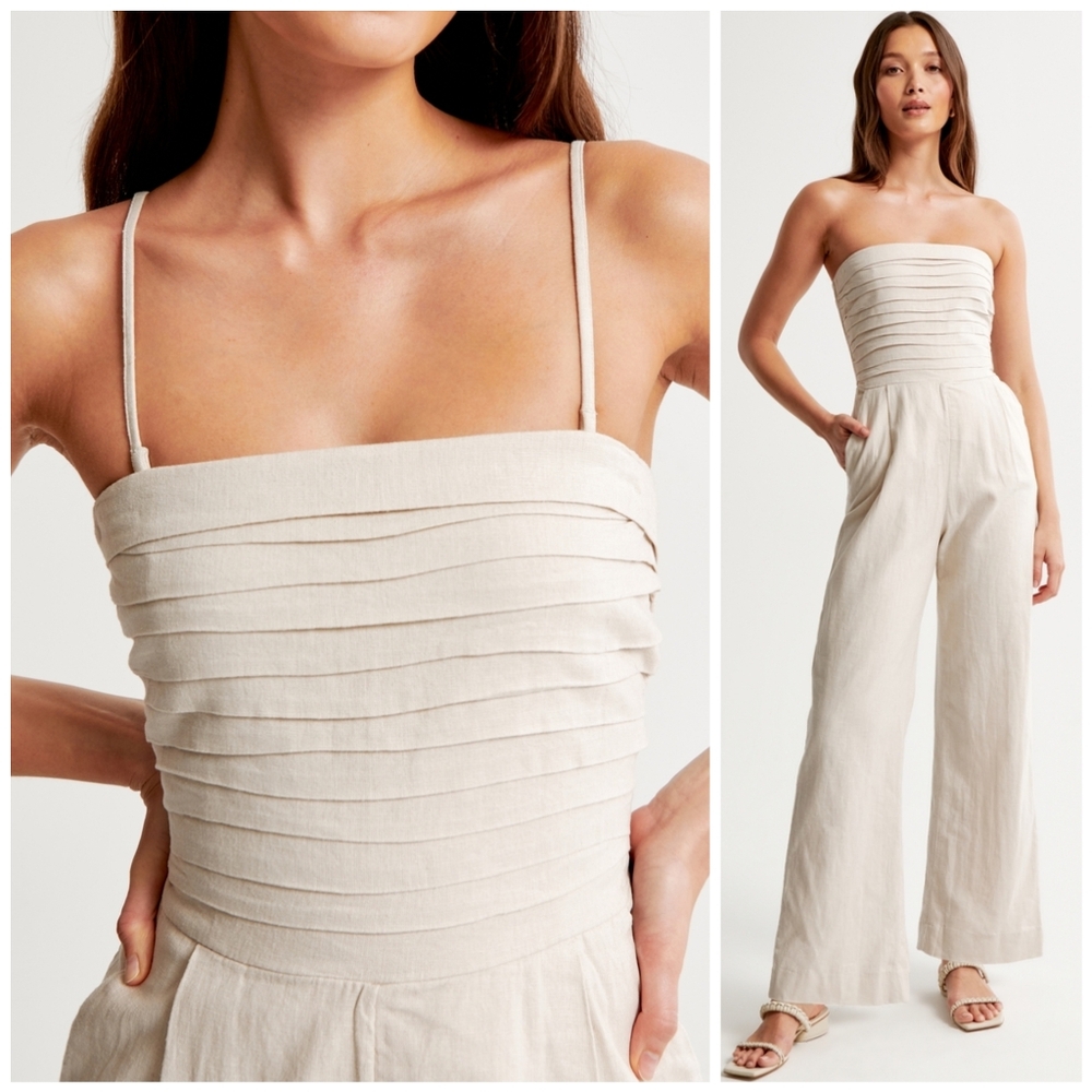 Abercrombie & Fitch Beige Strapless Linen Jumpsuit - Picture 12 of 12